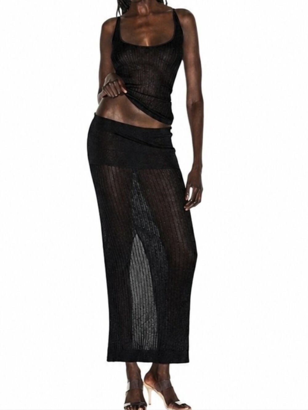 SKIMS 2 PC Sheer Plunge Top & Long Skirt Set